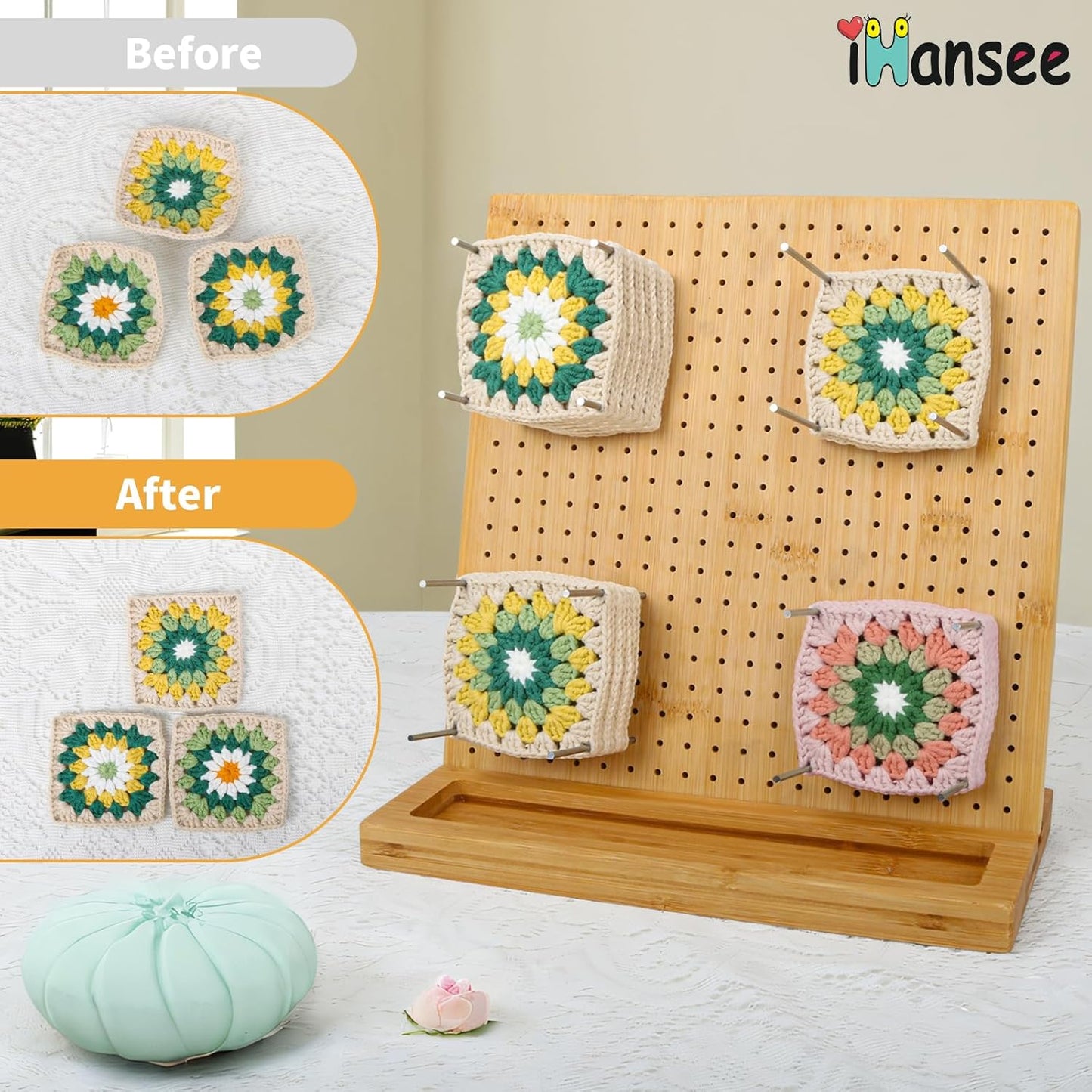 iHansee 11" Crochet Blocking Board with 20 Pegs, 200 Stitch Markers, Bamboo Granny Square Blocking Boards for Crochet Projects, Knitting Crocheting Accessories Kit, Gifts for Crocheters
