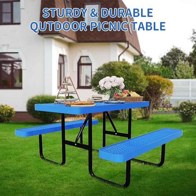 4FT Picnic Tables for Outdoors, Rectangular Commercial Metal Picnic Table Bench Set with Umbrella Hole,Heavy Duty Steel Weather-Resistant Dining Table for Patio Dining Garden Backyard BBQ School