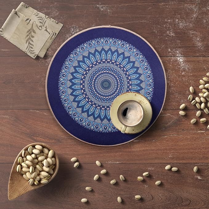 PIGCHCY Round Boho Placemats Set of 6, Rubber Heat Resistant Tabel Mats, Waterproof Washable Placemat for Dining Table Decoration (Deep Blue)