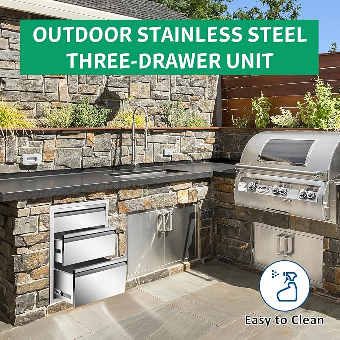 Outdoor Kitchen Drawers 16" W x 21" H x 23" D Stainless Steel Triple Drawers with Hidden Handle for BBQ Island, Patio Grill Station & Outdoor Kitchen Cabinets