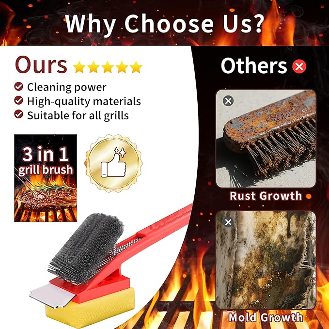BBQ Grill Brush with Scraper-Removable BBQ Clearning Brush Head with Wire Bristles Brush & 2 Steam Brush-Red Grill Cleaner Brush Accessories for Gas/Charcoal Grilling Grates-Gifts for Grill Men