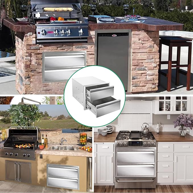 Outdoor Kitchen Drawers 18" W x 15" H x 23" D Stainless Steel Double Drawers with Hidden Handle for BBQ Island, Patio Grill Station & Outdoor Kitchen Cabinets