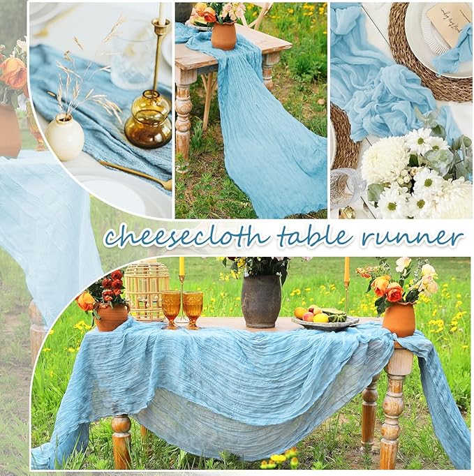 20 Packs Cheesecloth Table Runner 10FT Long Boho Gauze Fabric Table Runner Vintage Rustic Sheer Runners for Wedding Party Bridal Baby Shower Table Decorations (Light Blue )