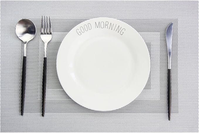PIGCHCY Placemats - Heat Resistant, Washable Woven Table Mats - Durable Vinyl - Set of 4 (Silver Black)
