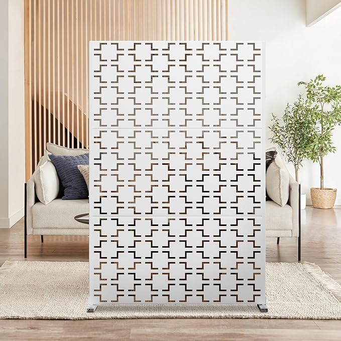 Elevens Metal Outdoor Privacy Screen, Freestanding Outdoor Divider Decorative Privacy Fence Screen, Fence Panels for Balcony Patio,72'' H×47'' W (White-Square)