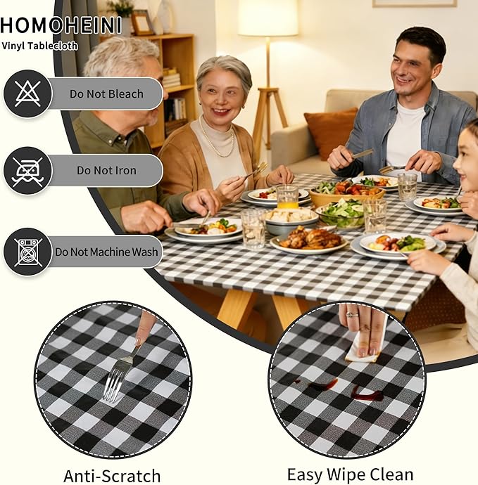 Rectangle Picnic Table Cloth, Elastic Waterproof Fitted Vinyl Tablecloths for 6 Foot Tables, Wipeable Flannel Backed Table Covers for Dining, Camping, Outdoor(Black Plaid,30"x72")