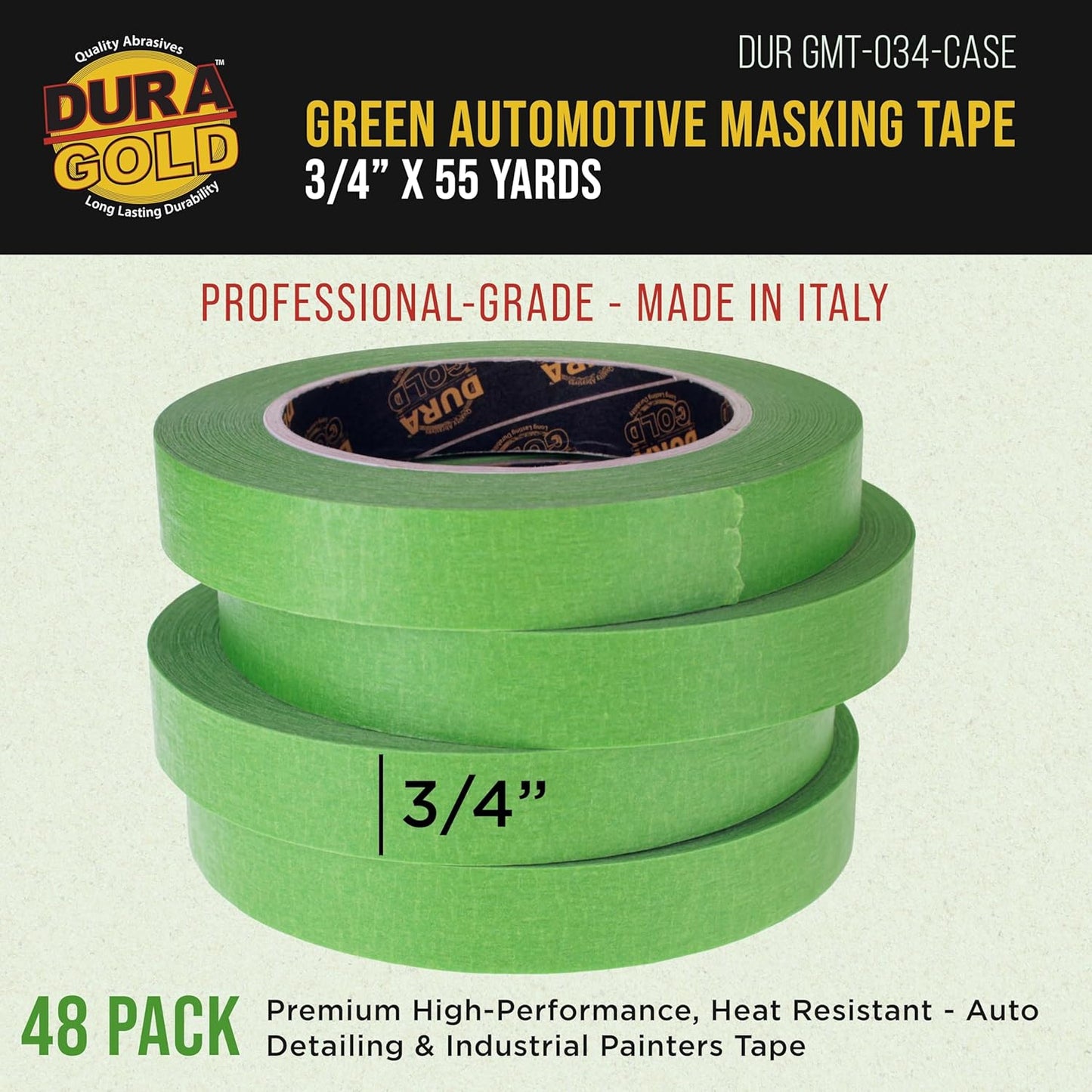 Dura-Gold Green Automotive Masking Tape 3/4 Inch (0.7 Inch x 55 Yards), Case of 48 Rolls - Premium High-Performance, Heat Resistant - Auto Refinish Painting, Car Detailing, Autobody, Painters Tape