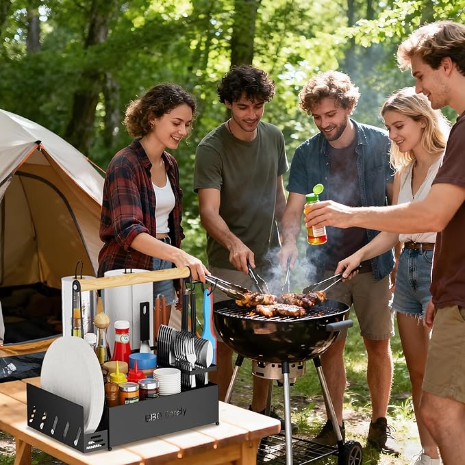 Grill Caddy, BBQ for Outdoor Grill with 2 Paper Towel Holders, Picnic BBQ Condiment Utensil Organizer Caddy for Outdoor Cooking, Rv, Camping Essential, Camper Must Haves,Gifts for Men
