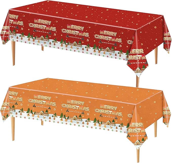 Merry Christmas Party Table Cloth Decorations Red Orange Gingerbread Plastic Xmas Tablecloths - 54x108inch Snowflake Christmas Tree Disposable Table Cover for Holiday Indoor Outside Home