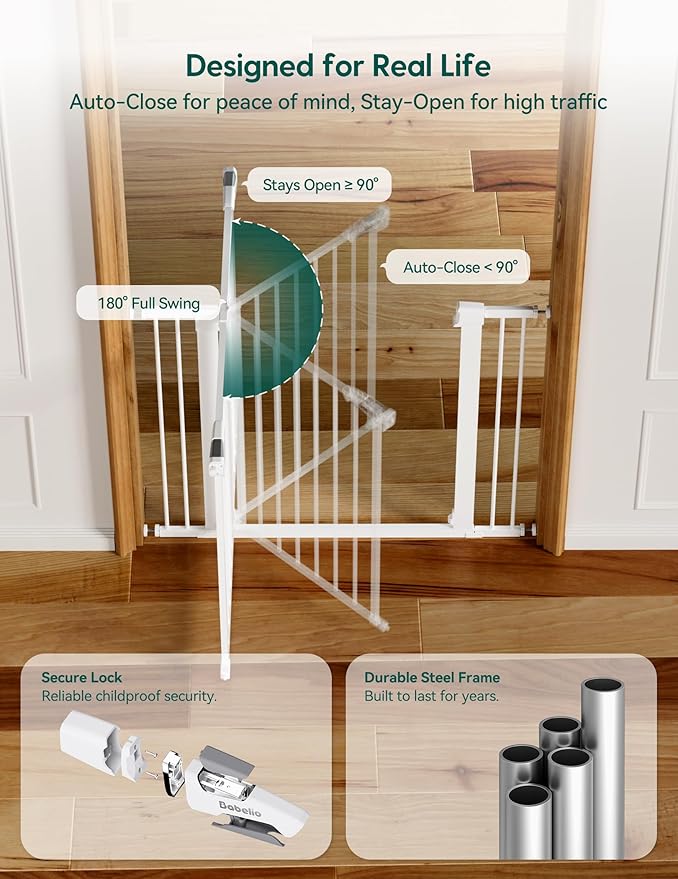BABELIO 36" Tall Baby Gate, PressGuard P7, 29-48" Auto Close Pressure Mounted Dog Gate for Stairs, Doorways & Hallway, Protector Basics Easy Walk Thru Pet Gate, White
