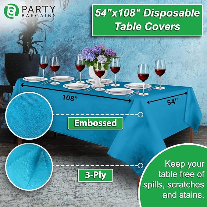 PARTY BARGAINS 5 Disposable Table Covers - 54" X 108" Blue Table Cover, 3 Ply Paper & Plastic Tablecloth
