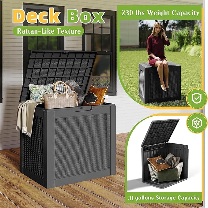 30 Gallon Waterproof Resin Deck Box, UV Resistant Outdoor Storage for Garden, Patio, Porch, Delivery（Black，31 Gallon）