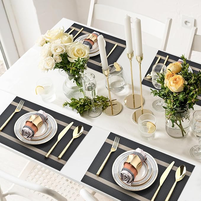 SLKQG Black Placemats Set of 8 - Easy Clean Modern Durable Washable Vinyl Place Mats - Heat Resistant Placemats for Kitchen Table - PVC Table Mats for Dining Table (Black with Stripes, 8)