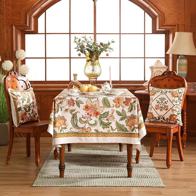patdrea Designer Vintage Linen Rectangle Tablecloth,Provencal Rustic Floral Pattern Tablecloths,Decorative Table Cover Cloth for Kitchen,Dining Room,Tea Party,Home,Christmas,63"*87"
