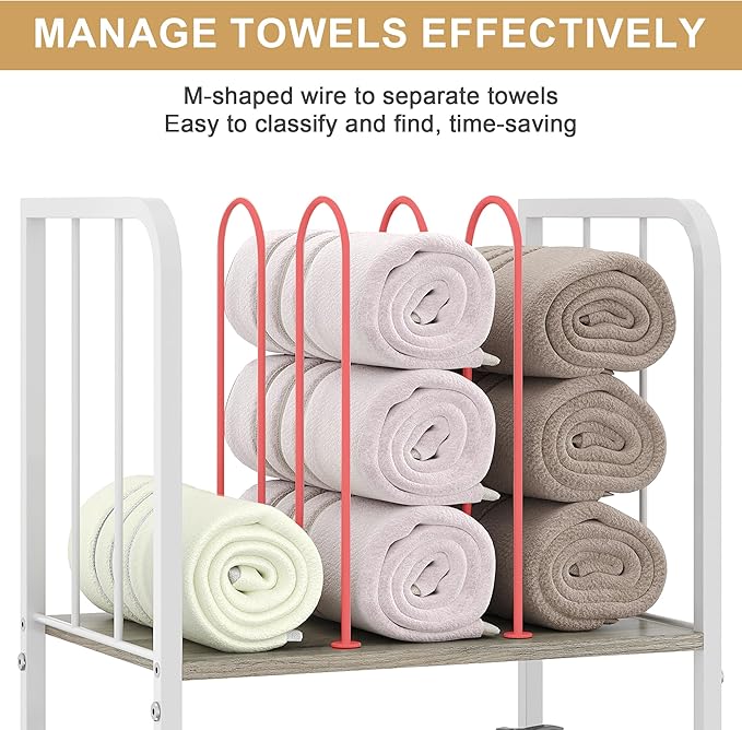 Towel Rack Free Standing 3-Tier M-Shaped Detachable Dividers, Durable Metal Holder, Pool Towel Rack, Space-Saving Towel Storage Organizer, Modern Bath Towel Shelf for Home, Poolside, White