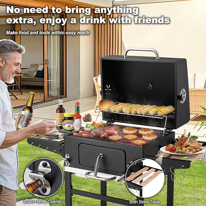 MELLCOM Small Charcoal Grill with Wood Foldable Side Table - 338 Sq.In BBQ Area with Individual Lifting Charcoal Trays & Thermometer, Movable Charcoal Barbeque Grill for Patio, Garden and Backyard
