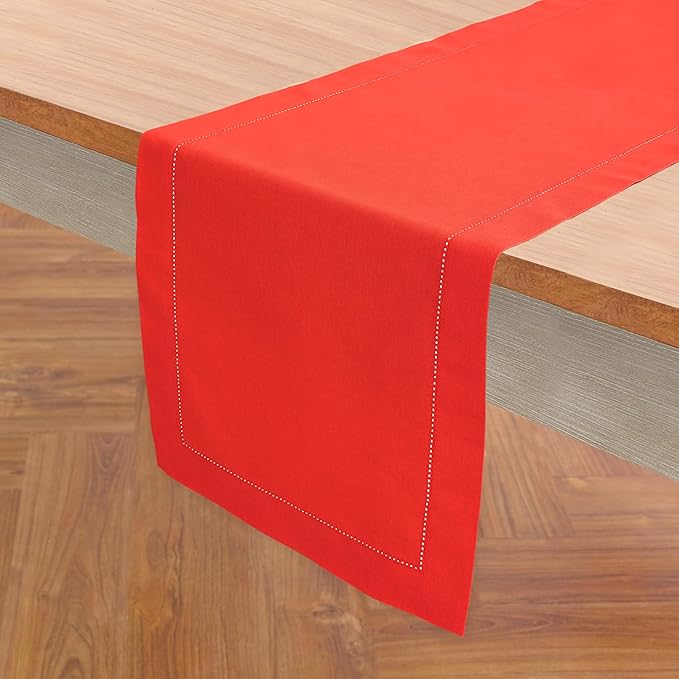 Solino Home Table Runner 120 Inches Long - Cotton Linen Hemstitch Poppy Red Table Runner 14 x 120 Inch for Valentines