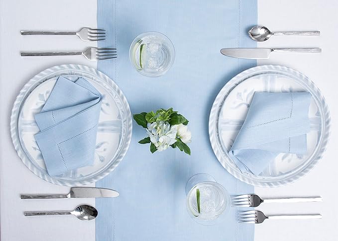 Solino Home Sky Blue Table Runner 90 Inches Long - 100% Pure Linen Hemstitch 14 x 90 Inch Table Runner for Dining, Spring, Easter - Classic Hemstitch