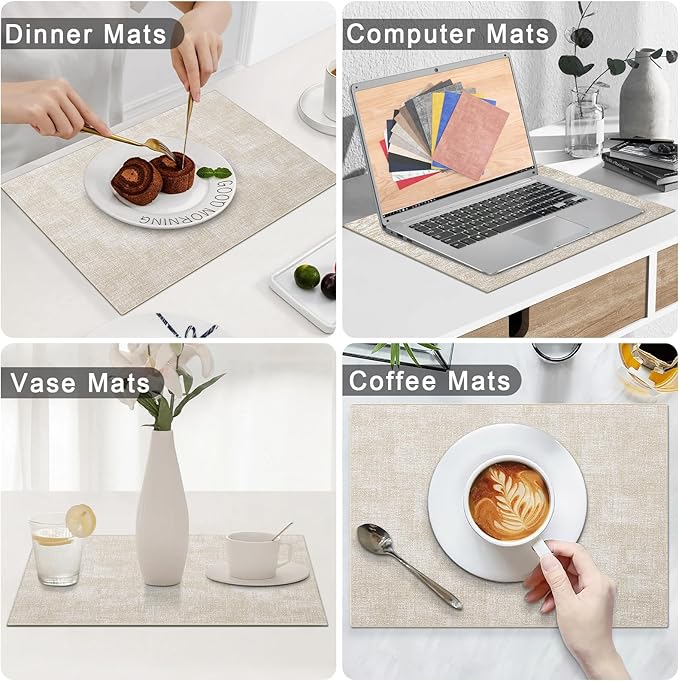 Homaxy Faux Leather Heat Resistant Placemats for Dining Table Set of 4, Waterproof Wipeable Washable PU Table Mats, Easy to Clean Anti-Slip Place Mats, 11.8" x 17", Beige