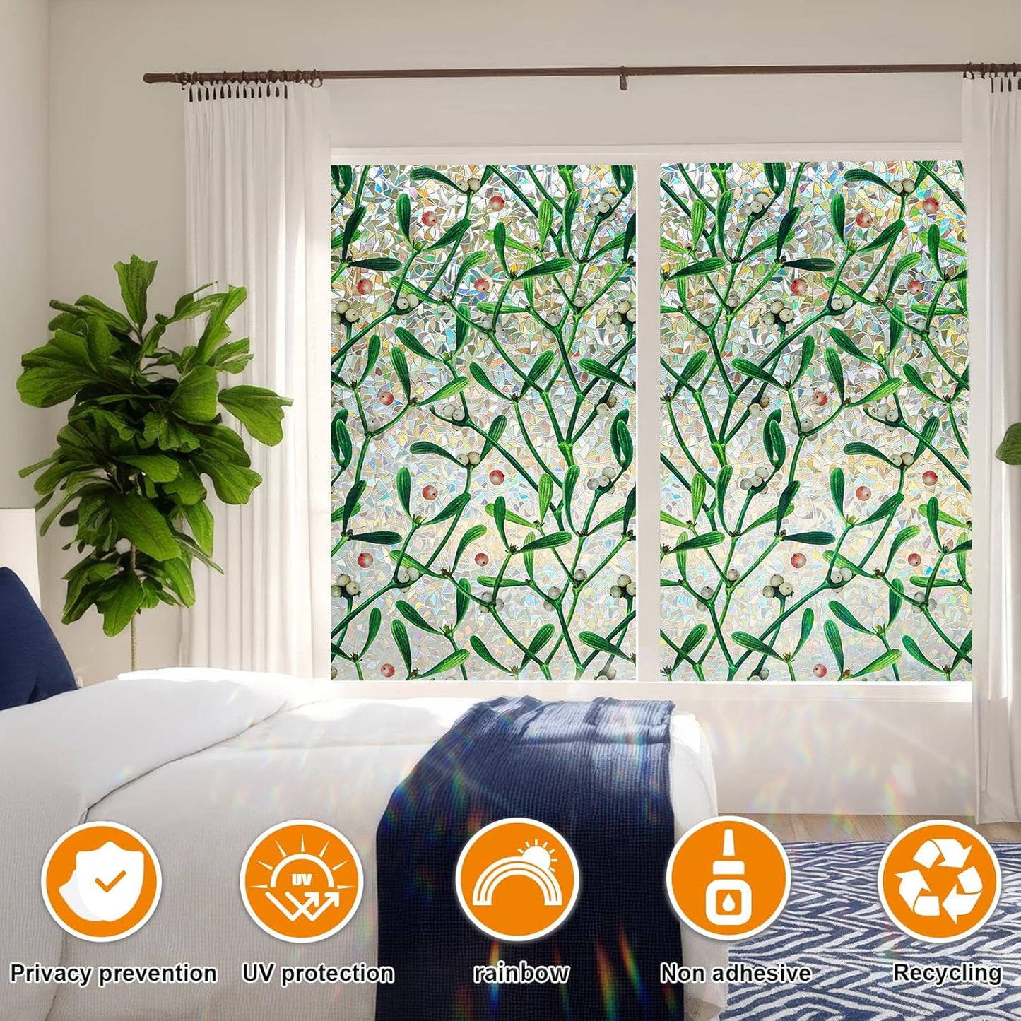 Window Privacy Film Stain Glass Window Film Rainbow Window Film Window clings Non-Adhesive Reusable Decorative for Room (Mistletoe Rainbow, 17.5 x 78.7 in)