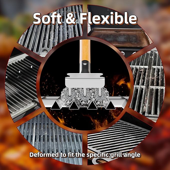 HOUSE AGAIN Grill Brush Bristle Free, 304 Stainless Steel Food-Grade Brush Head with Scraper, Safe BBQ Outdoor Grill Cleaning Brush Strong Barbecue Brush Cleaner Non Wire for Grill Grate/Wooden Handle