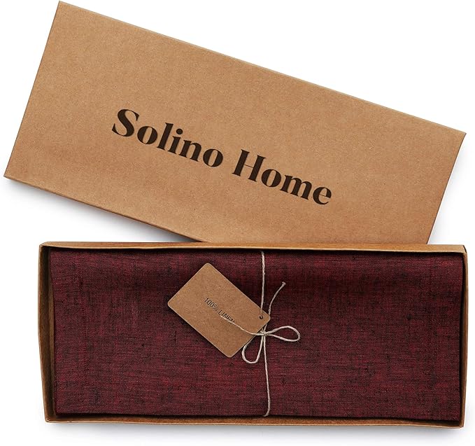 Solino Home Linen Table Runner 72 Inches Long - Athena, 100% Pure Linen Red Garnet Dining Table Runner 14 x 72 Inch for Valentines, Winter