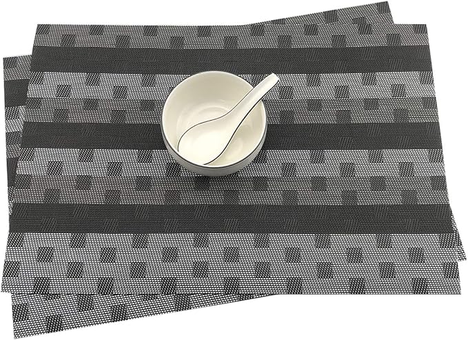 Gugrida Black Placemats 6pcs Placemats Stain PVC Table Mats Woven Vinyl Placemats