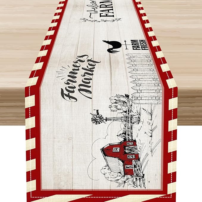Farmhouse Table Runner, Rustic Country Barn Cottage Rooster Check Animal Plank Coffee Table Center Decor for Home Kitchen Dining Patio Holiday Party Indoor Outdoor Table Decorations 13"x36"