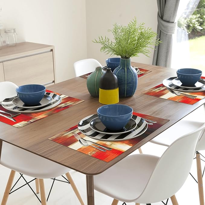 Modern Art Placemats Set of 4 Red Abstract Painting Place Mats Washable Linen Placemat for Kitchen Dining Table Home Party Banquet Decor 18x12 Inches
