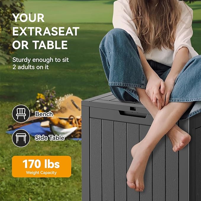 Outdoor Storage Deck Box Waterproof,Garden Tool,Backyard Cushion,Poolside Storage,Small Resin Delivery Boxes for Outside,Lockable Lid (32 Gallon, Black)