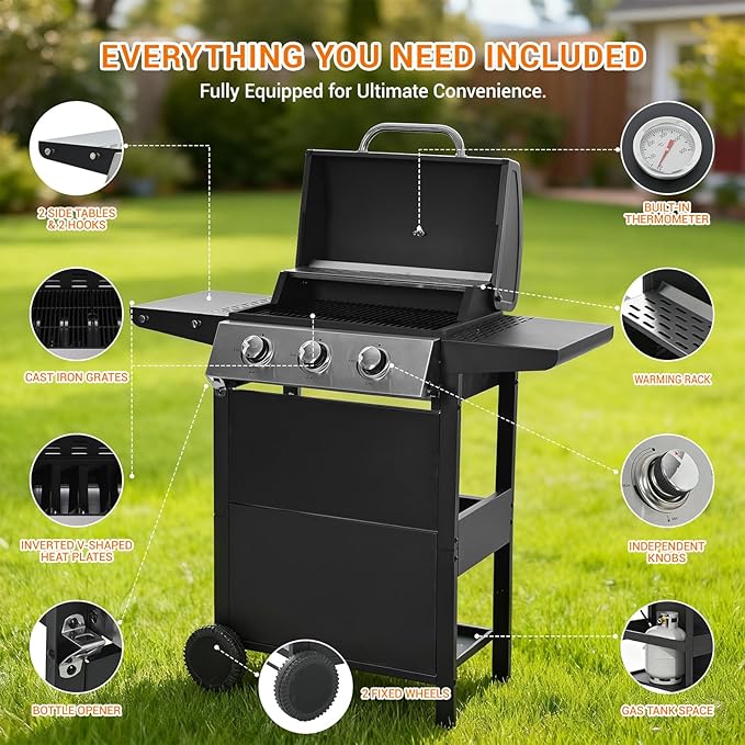 Stainless Steel 3-Burner Gas Grill, 25650 BTU Outdoor BBQ Grill with Side Table, 338 sq.in Cooking Area, Perfect for Patio, Deck & Family Barbecues