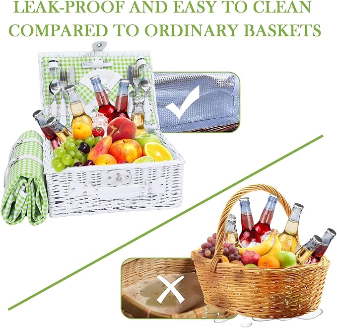 Neti Neti Wicker Picnic Basket for 4 with Insulated Cooler & Waterproof Blanket – Large Willow Picnic Hamper for Outdoor, Camping, Beach, Romantic Dates, Valentine’s Day