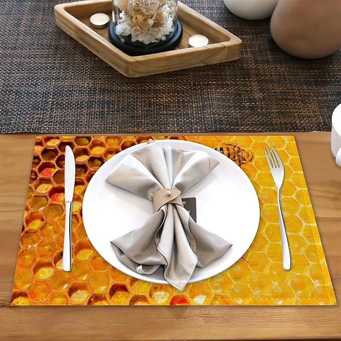 Honey Bee Placemats Set of 6 Linen Heat Resistant,Yellow Honeycomb Table Mats Washable Rustic Place Mats Decoration for Home Kitchen Dining Room Party 12x18 Inch