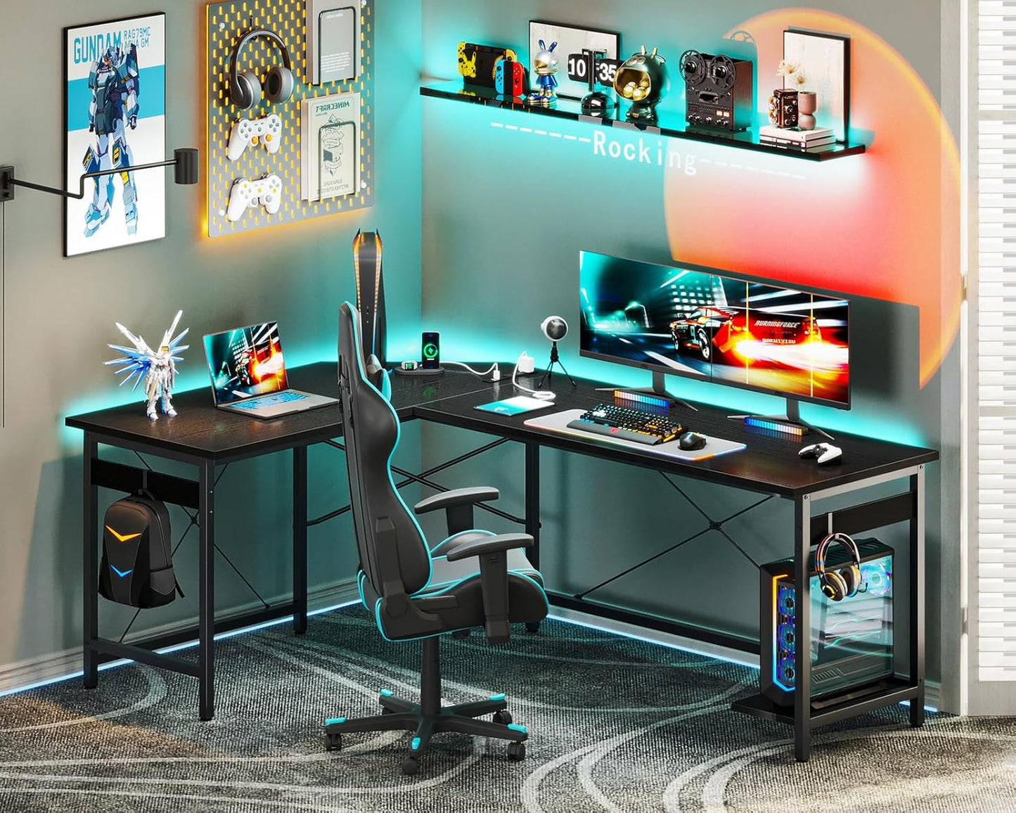 Coleshome 66" L Shaped Gaming Desk with Outlet, L Shaped Desk with CPU Stand, Corner Computer Desk, Home Office Desk, Writing Desk, Black