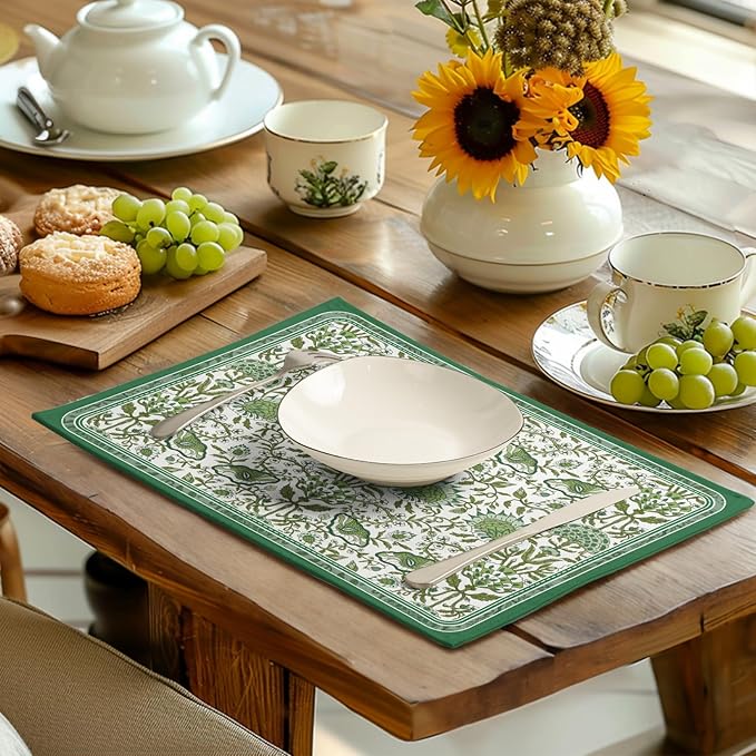 Green Floral Boho Placemats Set of 4, 12x18 Inch Vintage Chinoiserie Block Print Place Mats Seasonal Spring Summer Rustic Farmhouse Table Mats for Party Kitchen Dining Outdoor Indoor Decor