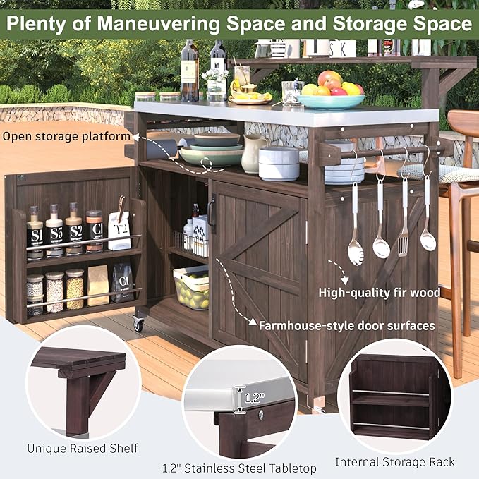53.3" Outdoor Kitchen Island with Stainless Steel Top, Rolling Grill Cart with Adjustable Shelves, Raised Shelf, Lockable Wheels, Portable Outdoor Table and Bar Storage Cabinet for Patio
