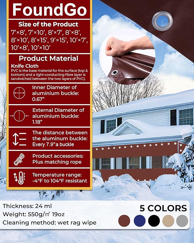 FoundGo 8'Hx8'W Vinyl Curtains for Patio,19oz Outdoor Clear Vinyl Patio Enclosure,Heavy Duty Clear Tarps Waterproof Vinyl Tarp with Grommets for Pergola, Porch,Gazebos,Balcony,-4℉ Cold Resistant