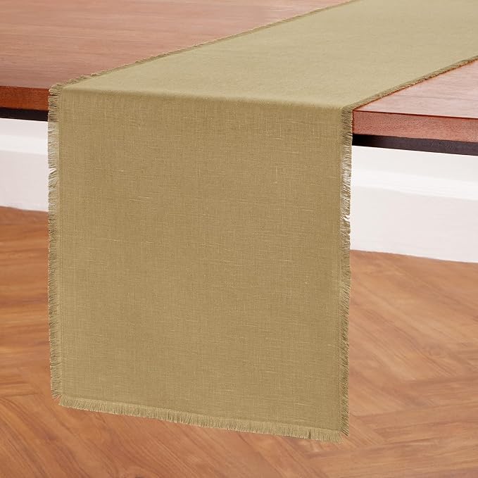 Solino Home Linen Fringe Table Runner 120 Inches Long - 100% Pure Linen Kelp Table Runner 14 x 120 Inch for Spring - Handcrafted and Machine Washable