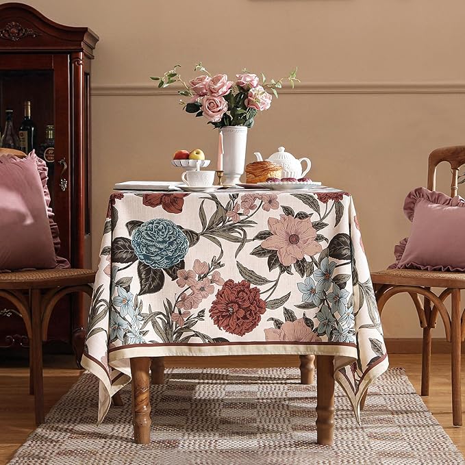 French Linen Tablecloth for Rectangle Table,Red and Blue Floral Durable Extra Long Tablecloths,Decor Table Cover for Kitchen,Dining,Thanksgiving,Farmhouse,63" × 110"-Burgundyred