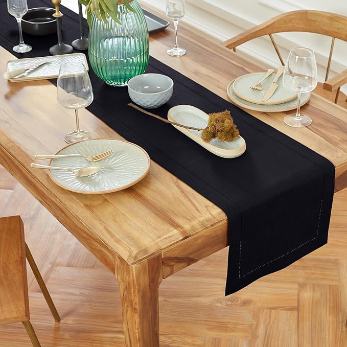 Solino Home Linen Black Table Runner 72 Inches Long - 100% Pure Linen Medium Weight Hemstitch Table Runner 14 x 72 Inch for Dresser, Dining, Winter