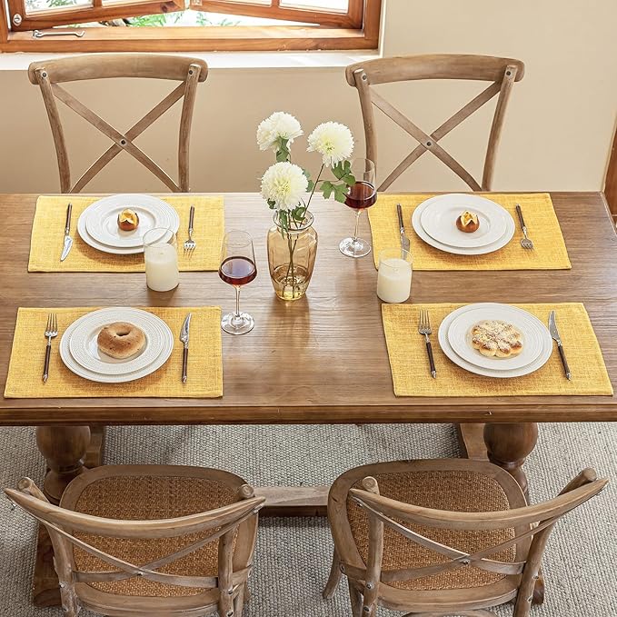 Blue Forest Placemats Set of 8, Dual-Layered Thickened Faux Linen Cloth Place Mats Heat Resistant Machine Washable Wrinkle Free Table Mats Indoor/Outdoor (Yellow)