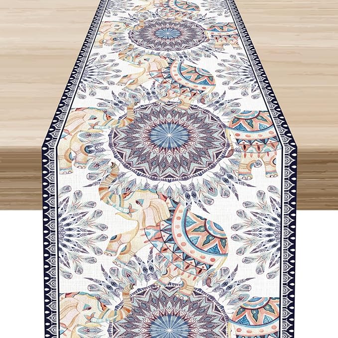 Boho Table Runner, Rustic Blue African Tribe Elephant Indian Diwali Damask Mandala Art Print Ethnic Folk Coffee Table Center Decor for Home Kitchen Holiday Party Outdoor Table Decorations, 13"x36"