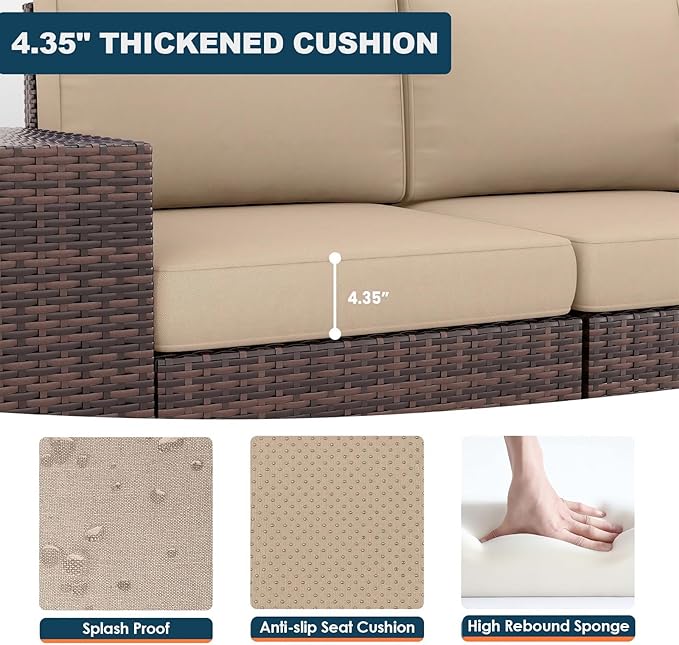 7 Piece Patio Furniture Set with Fire Pit Table, Outdoor Conversation Sets Wicker Rattan Sectional Sofa with Coffee Table, 4'' Thickened Cushion Beige (Include Waterproof Cover)