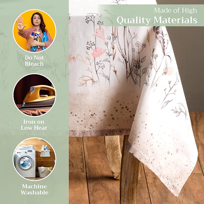 Maison d' Hermine Table Cloth Rectangle Table 100% Cotton 60 x 90 Inches Tablecloth Reusable for Dining Room, Farmhouse, Home, Party, Festive & Wedding Spring Summer - Meadow Florals - Brown