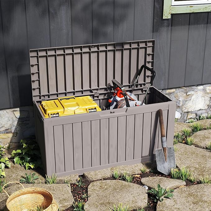 75 Gallon Deck Box, Resin Outdoor Indoor Waterproof Storage Box, Lockable Storage Box With Handle for Patio Furniture - Garden Tools - Swimming Pool Tools UV-Resistant, Grey