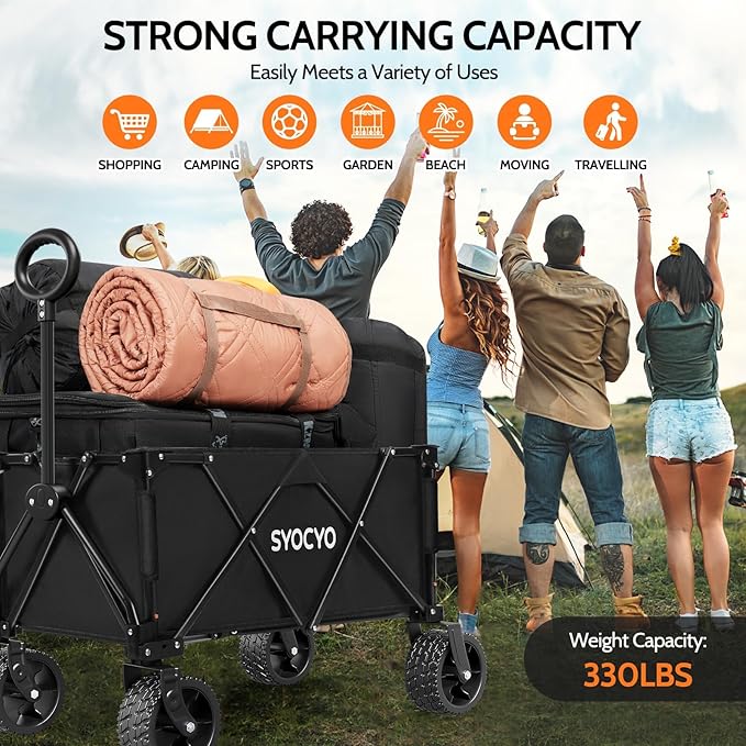 Collapsible Wagon with Big Wheels, Beach Wagons Carts Foldable with All-Terrain Wheels, Large Weight Capacity Heavy Duty Carts with Cup Holders for Camping, Garden, Sports, Grocery, Carbon Black