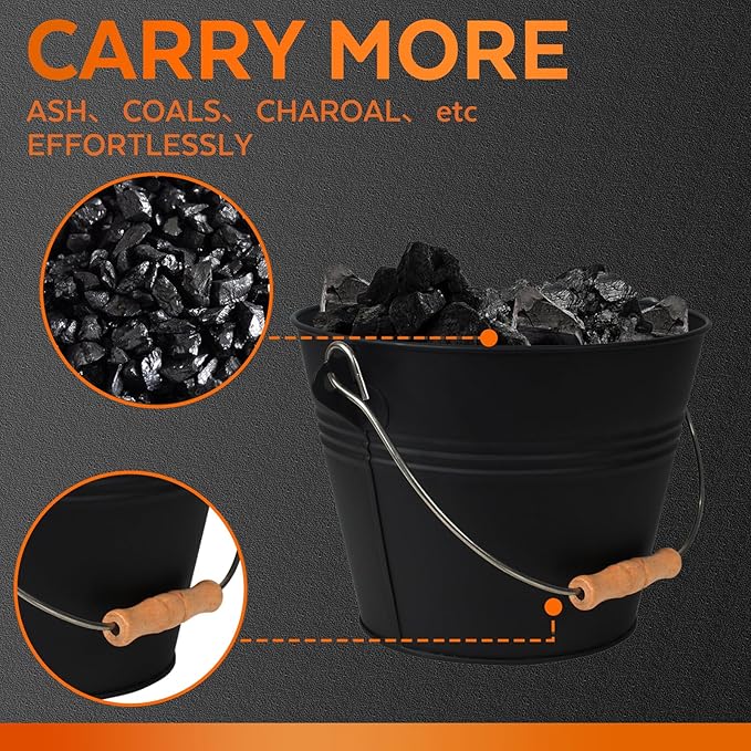 Small Ash Bucket with Lid and Shovel, Metal Fireplace Ash Bucket with Broom, Complete Fireplace Tools Set for Wood Stove and Fireplace, Black