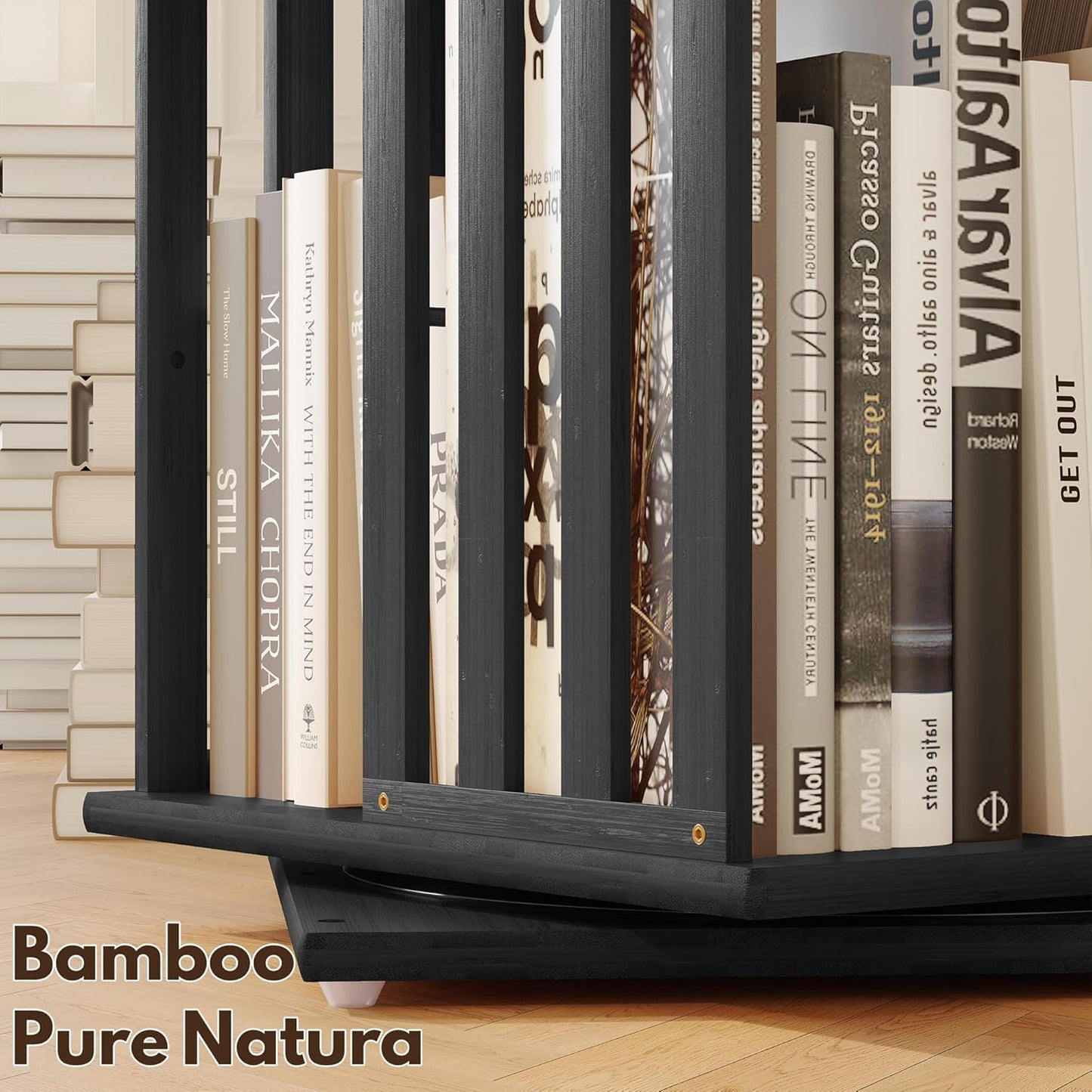 YOWOS Rotating Bookshelf Tower, 360 Display Spinning Bookcase, Bamboo Bookshelf Floor Standing Storage Rack, Wood Narrow Book Shelf Organizer for Kids&Adults (Black, 4 Tier)