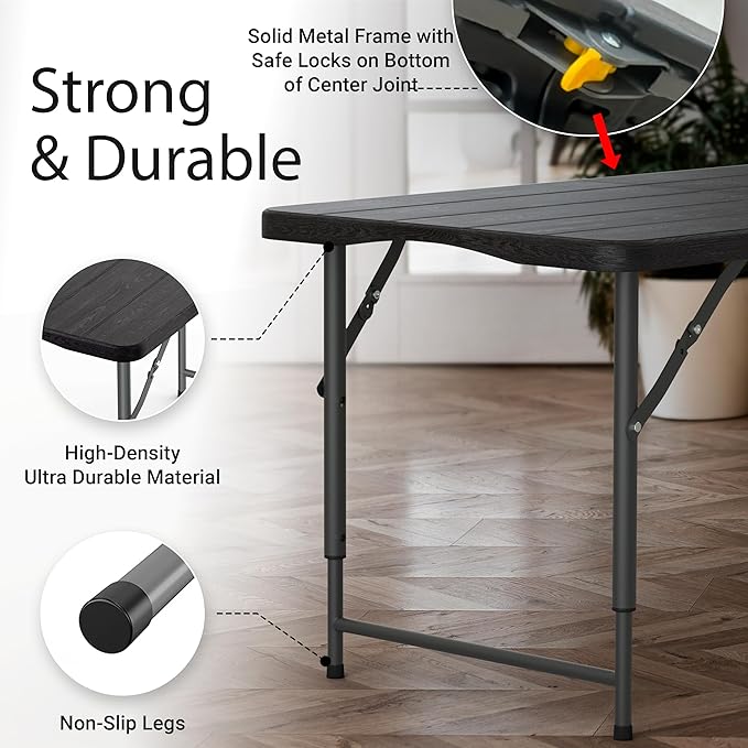 4 Feet Foldable Table Adjustable Height with Built in Handle, Steel Legs | 4FT Heavy Duty Portable | Perfect for Party Dining Wedding Events Picnic Indoor Outdoor Camping Utility Folding - 4 Foot