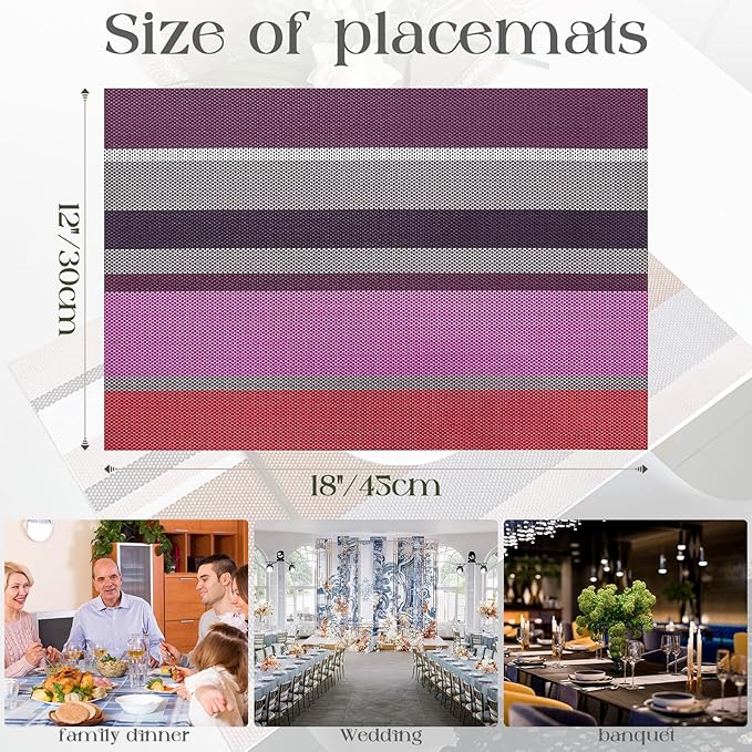 Set of 6 Colorful Striped Vinyl Placemats Heat-Resistant Washable Placemats Non-Slip Woven Table Mats Wipeable Placemat for Kitchen Dining Table Decoration Indoor Outdoor (Violet Purple)